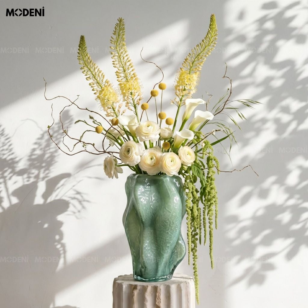Bình Hoa Mint Ripple Thủy Tinh Gân Nhăn Xanh Mint Phong Cách Nghệ Thuật Đương Đại