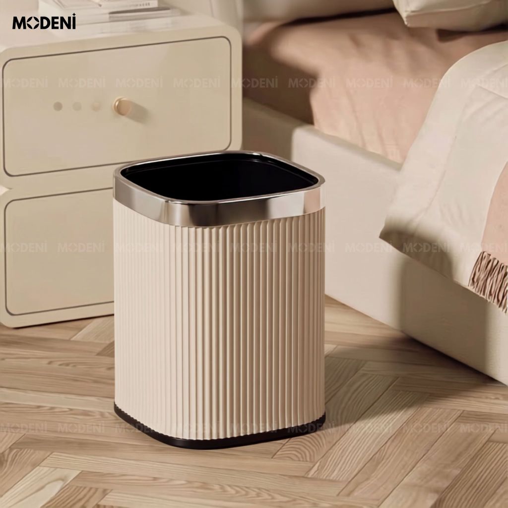Thùng Rác Kael Khung Kim Loại Bọc Da PU Tinh Tế Đương Đại Viền Bạc Sáng Bóng Cho Văn Phòng Hiện Đại