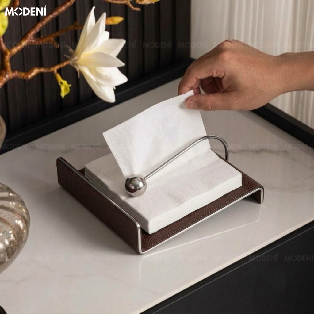 Hộp Khăn Giấy Libra Thép Không Gỉ Phối Da Nâu Sang Trọng Phong Cách Minimalism