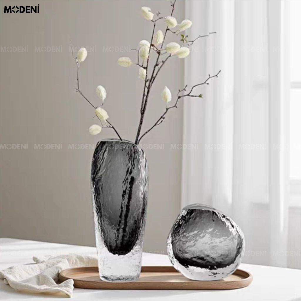 Bình Hoa Iceberg Thủy Tinh Khối Băng Xám Khói Phong Cách Hiện Đại Luxury