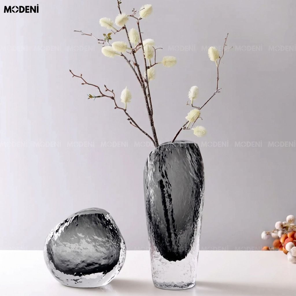 Bình Hoa Iceberg Thủy Tinh Khối Băng Xám Khói Phong Cách Hiện Đại Luxury