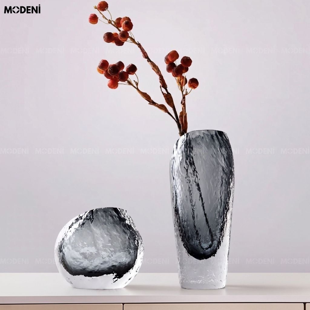 Bình Hoa Iceberg Thủy Tinh Khối Băng Xám Khói Phong Cách Hiện Đại Luxury