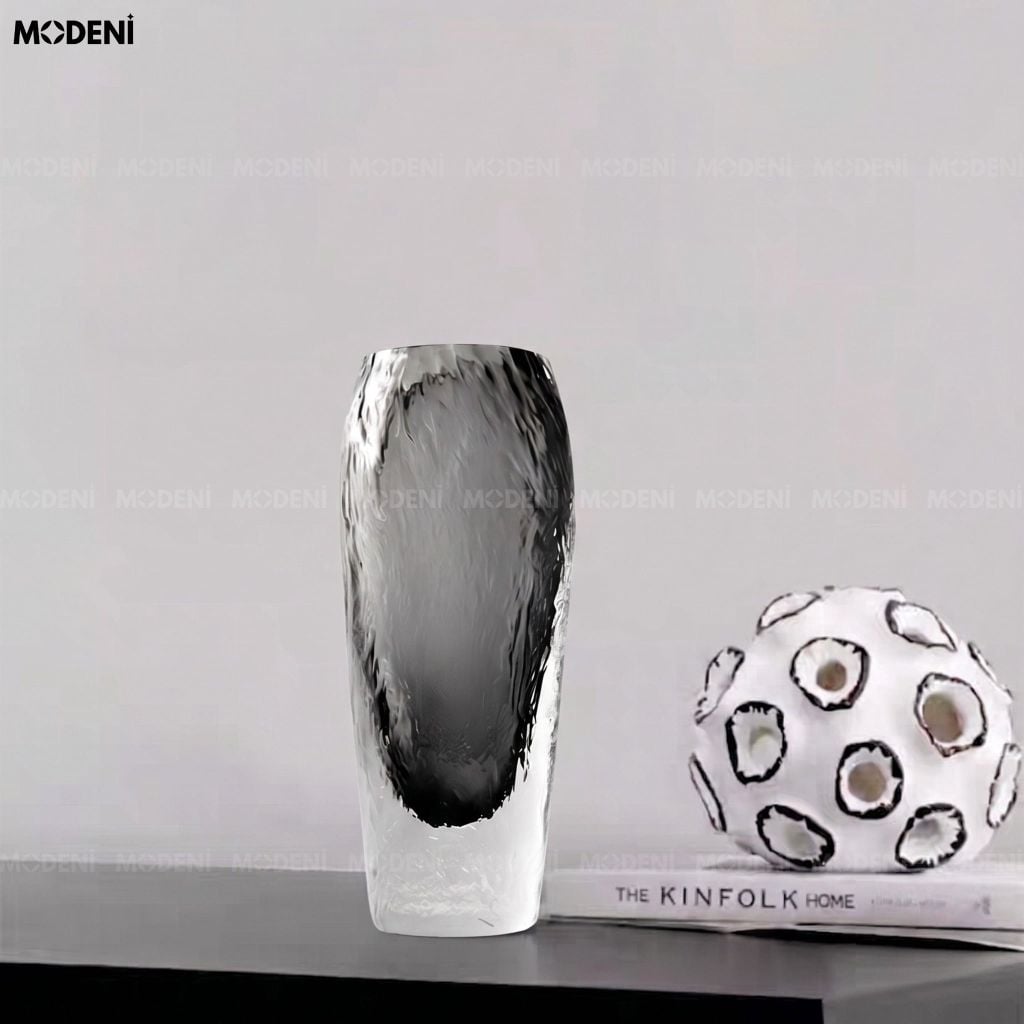 Bình Hoa Iceberg Thủy Tinh Khối Băng Xám Khói Phong Cách Hiện Đại Luxury