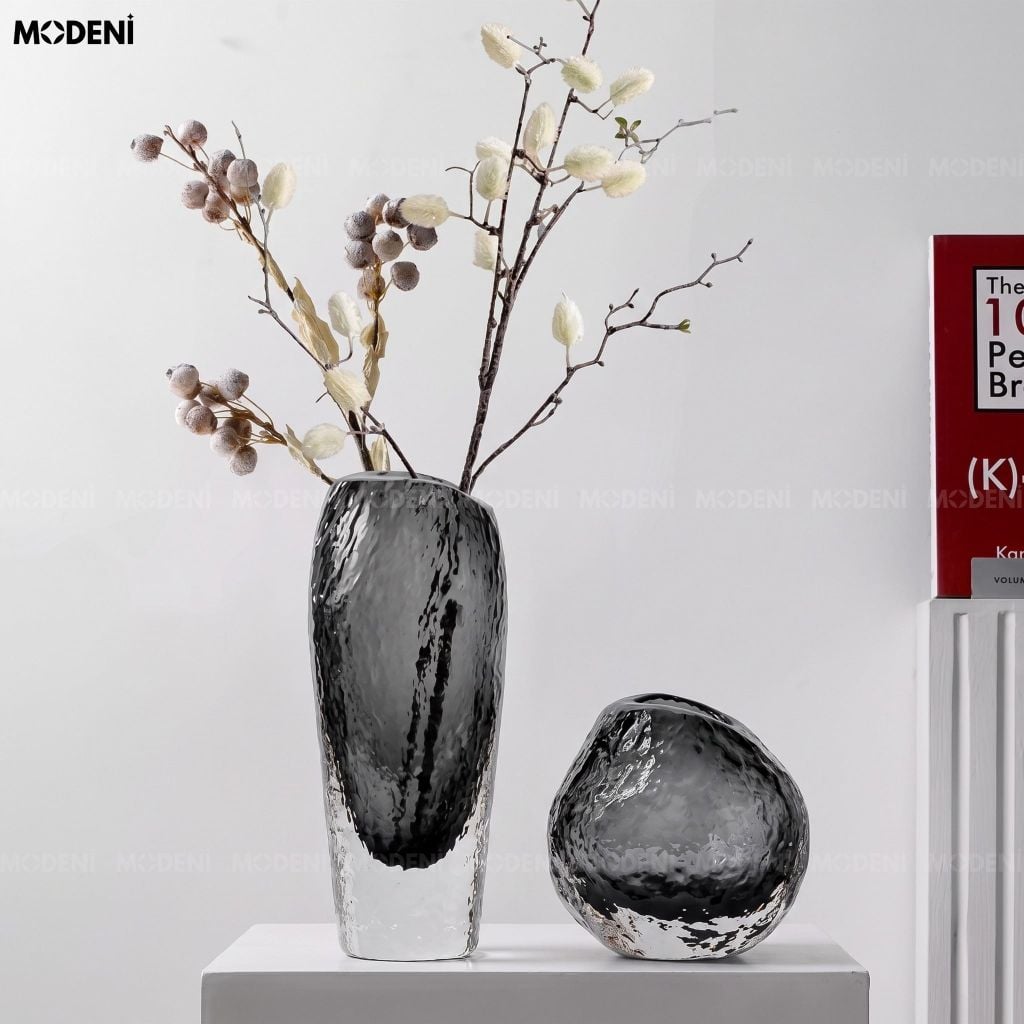 Bình Hoa Iceberg Thủy Tinh Khối Băng Xám Khói Phong Cách Hiện Đại Luxury