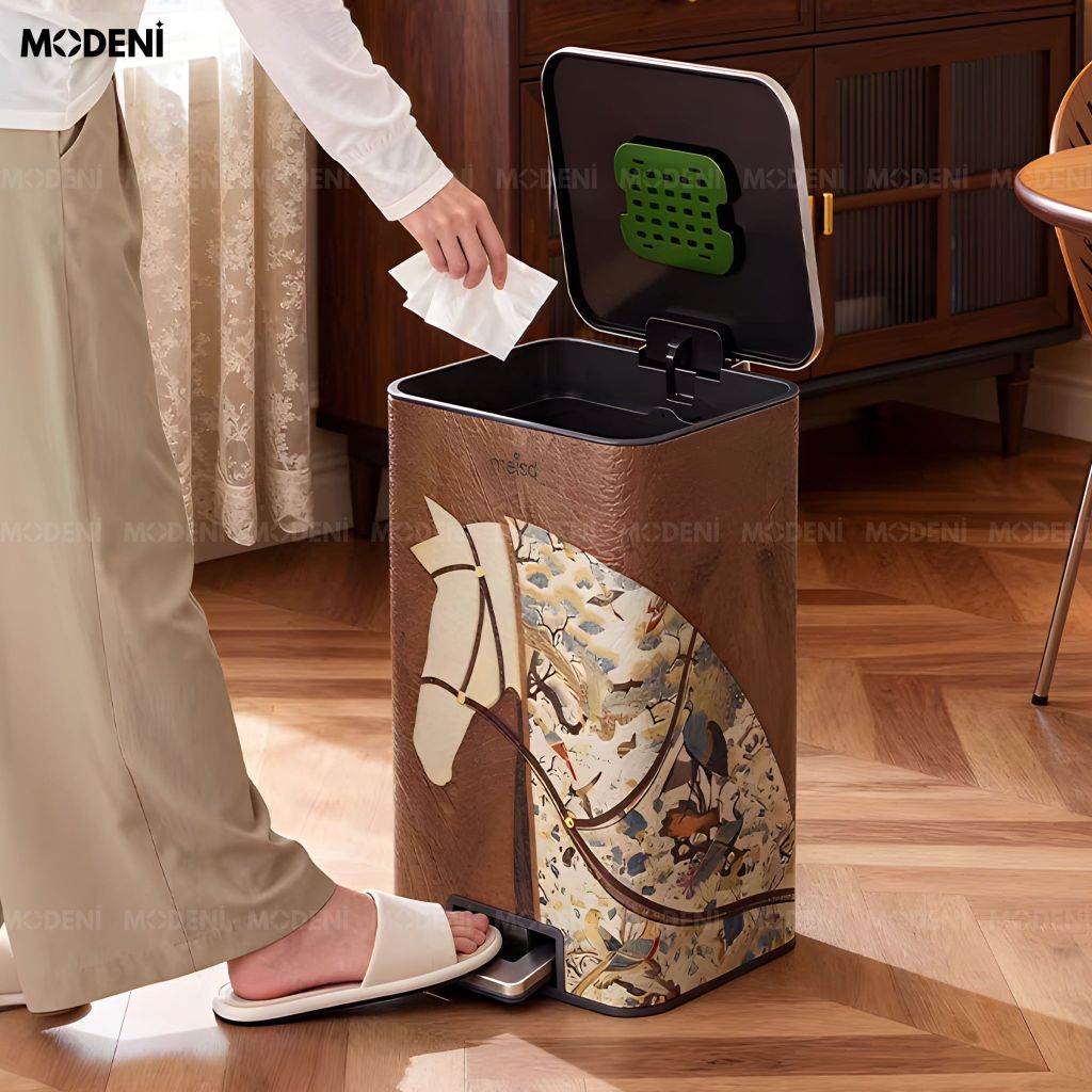 Thùng rác Gallop Brown da cao cấp phối inox phong cách đơn giản cho không gian trung tâm sang trọng tinh tế