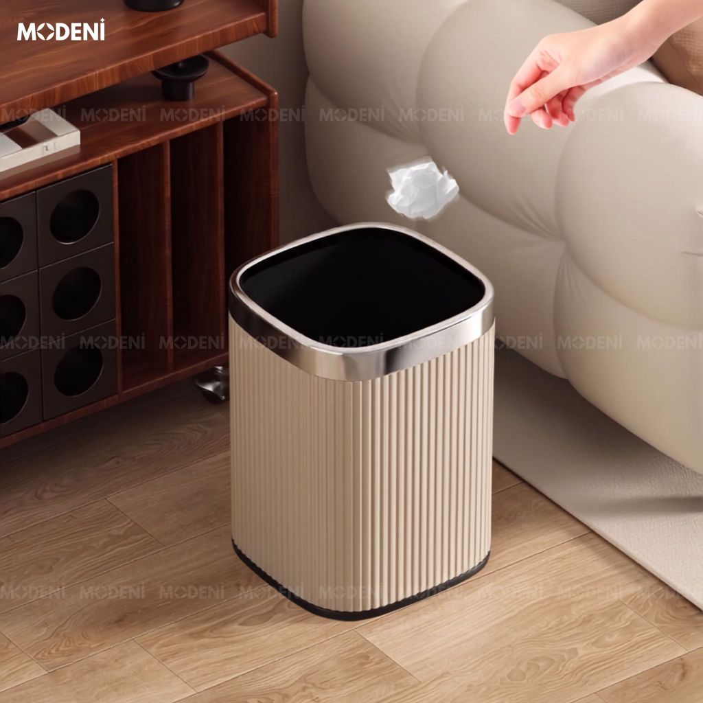 Thùng Rác Kael Khung Kim Loại Bọc Da PU Tinh Tế Đương Đại Viền Bạc Sáng Bóng Cho Văn Phòng Hiện Đại