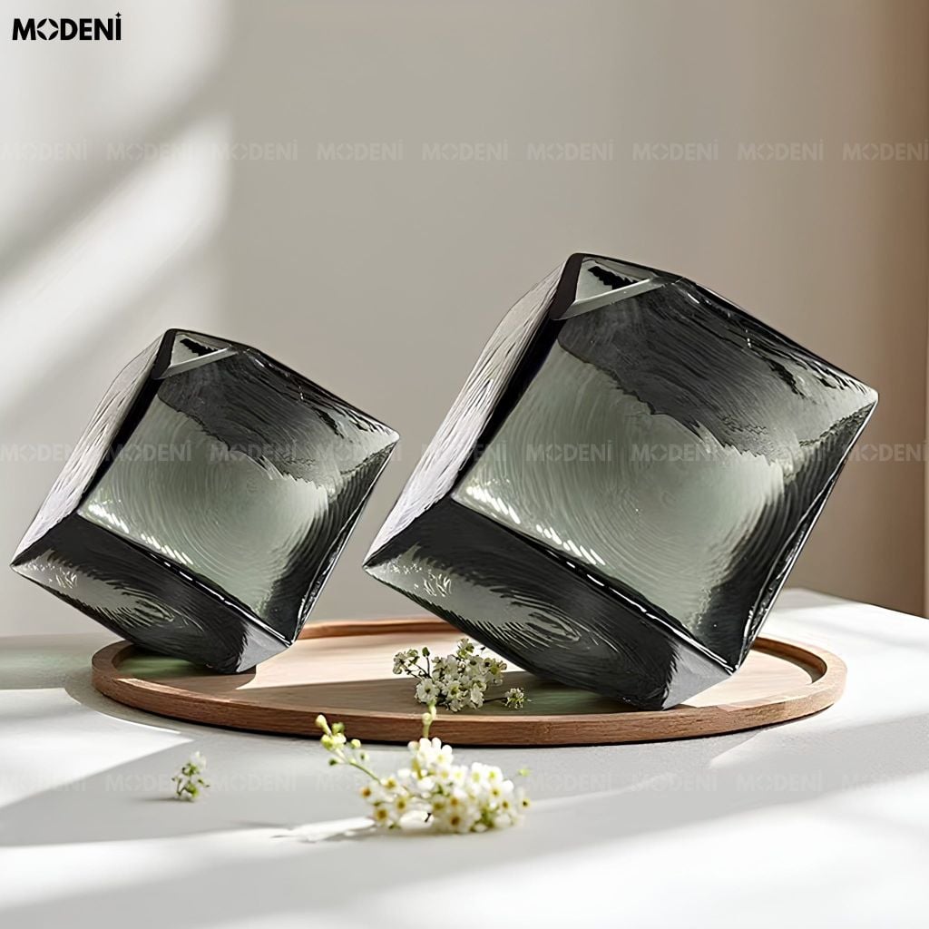 Bình Hoa Smoke Geometry Thủy Tinh Khối Đa Giác Xám Khói Phong Cách Đương Đại