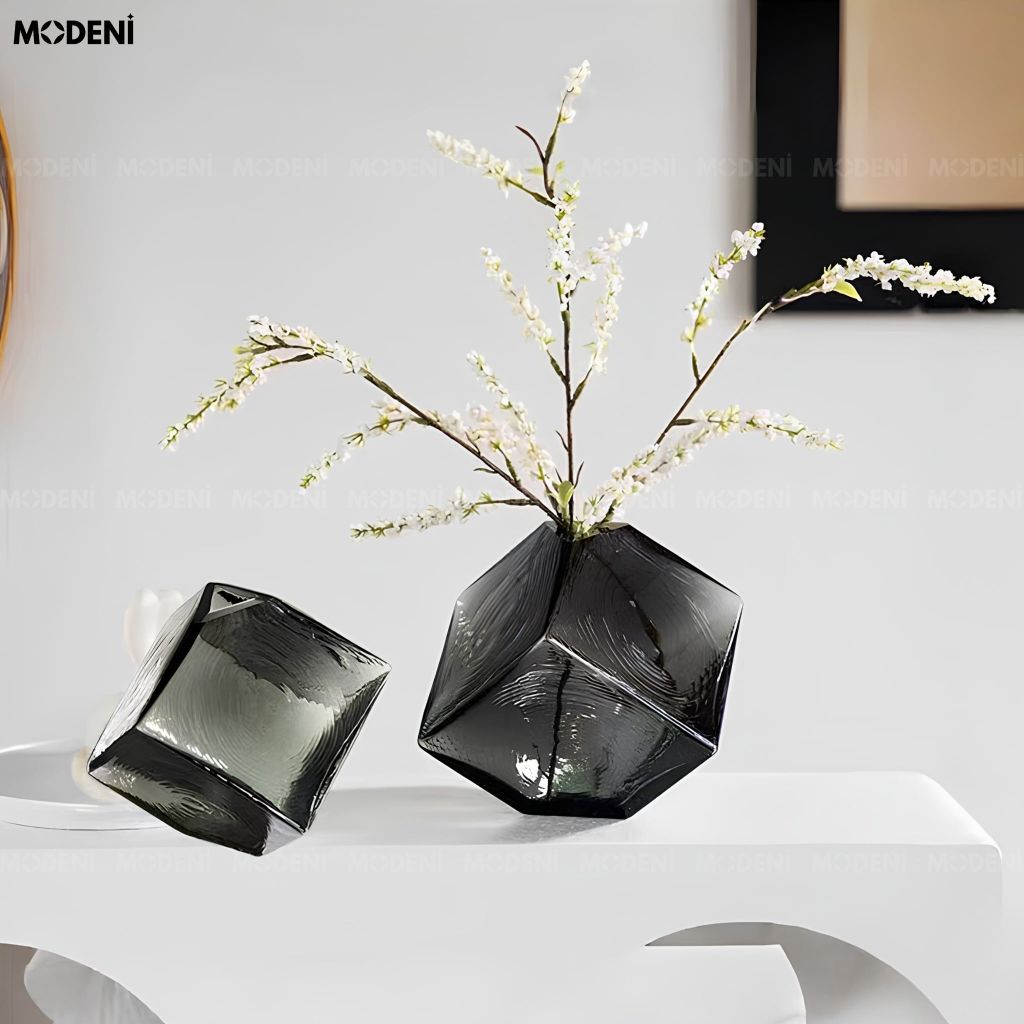 Bình Hoa Smoke Geometry Thủy Tinh Khối Đa Giác Xám Khói Phong Cách Đương Đại