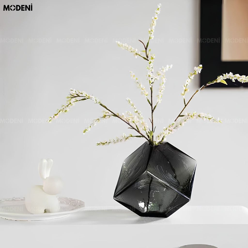 Bình Hoa Smoke Geometry Thủy Tinh Khối Đa Giác Xám Khói Phong Cách Đương Đại