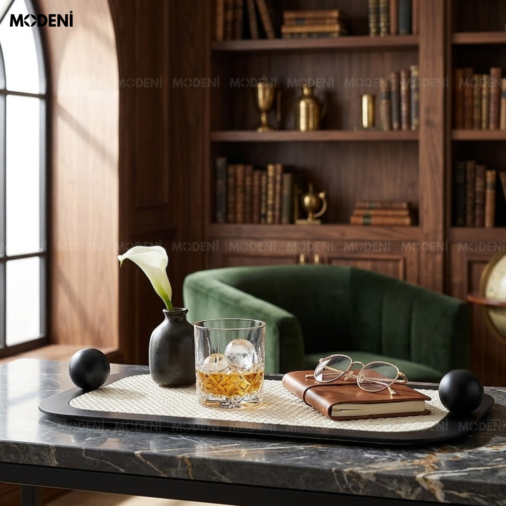 Khay Trang Trí Obsidian Thép Không Gỉ Nhám Mờ Phối Lưới Mây Trắng Đen Phong Cách Modern Luxury