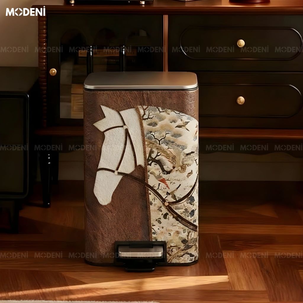 Thùng rác Gallop Brown da cao cấp phối inox phong cách đơn giản cho không gian trung tâm sang trọng tinh tế