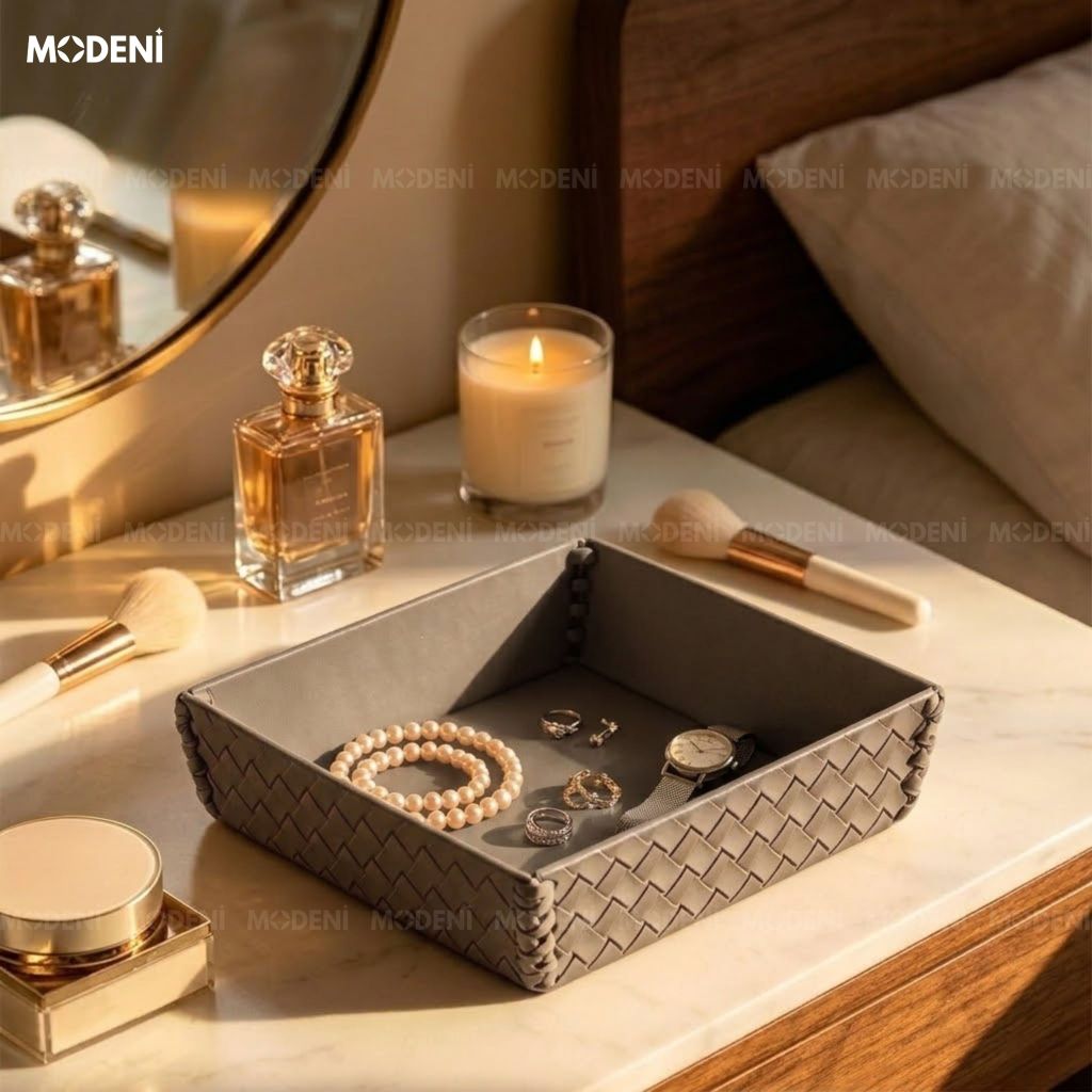 Khay Để Bàn Da Cesto Xám Da PU Họa Tiết Caro Nổi Dễ Dàng Lau Chùi Cho Không Gian Hiện Đại