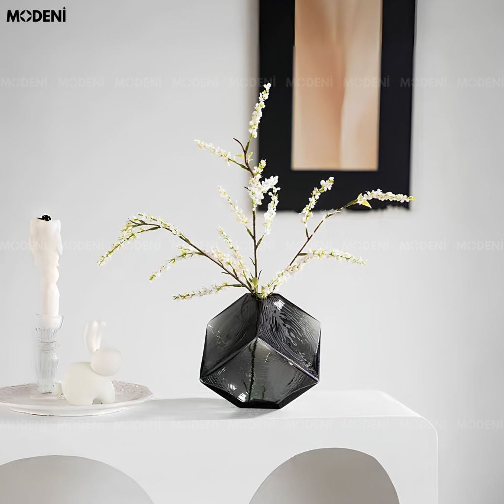 Bình Hoa Smoke Geometry Thủy Tinh Khối Đa Giác Xám Khói Phong Cách Đương Đại