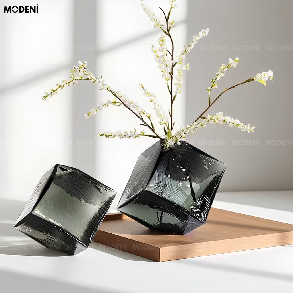 Bình Hoa Smoke Geometry Thủy Tinh Khối Đa Giác Xám Khói Phong Cách Đương Đại