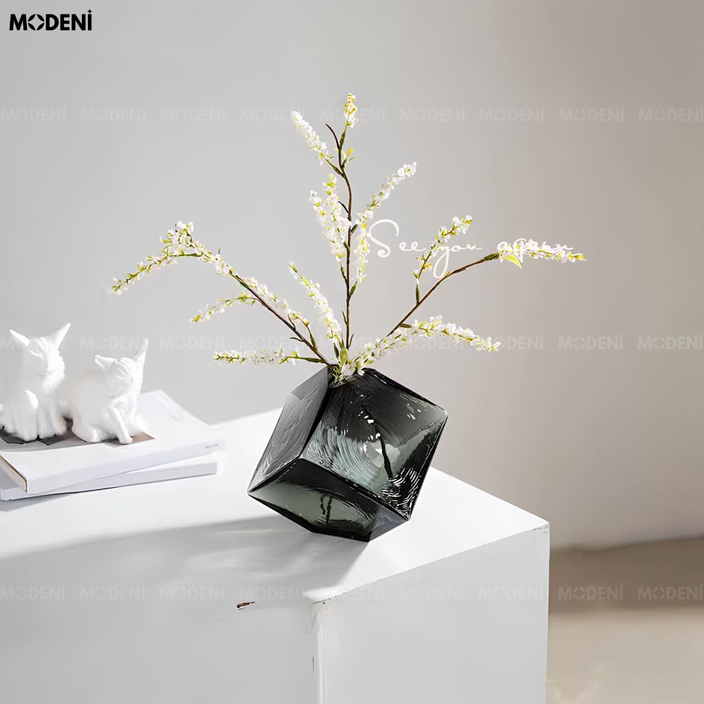 Bình Hoa Smoke Geometry Thủy Tinh Khối Đa Giác Xám Khói Phong Cách Đương Đại