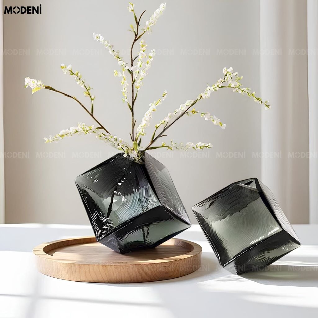 Bình Hoa Smoke Geometry Thủy Tinh Khối Đa Giác Xám Khói Phong Cách Đương Đại