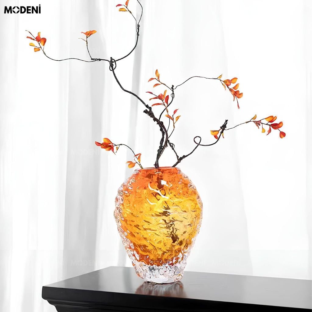 Bình Hoa Etna Thủy Tinh Sần Chân Bọt Đá Cam Hổ Phách Phong Cách Bắc Âu