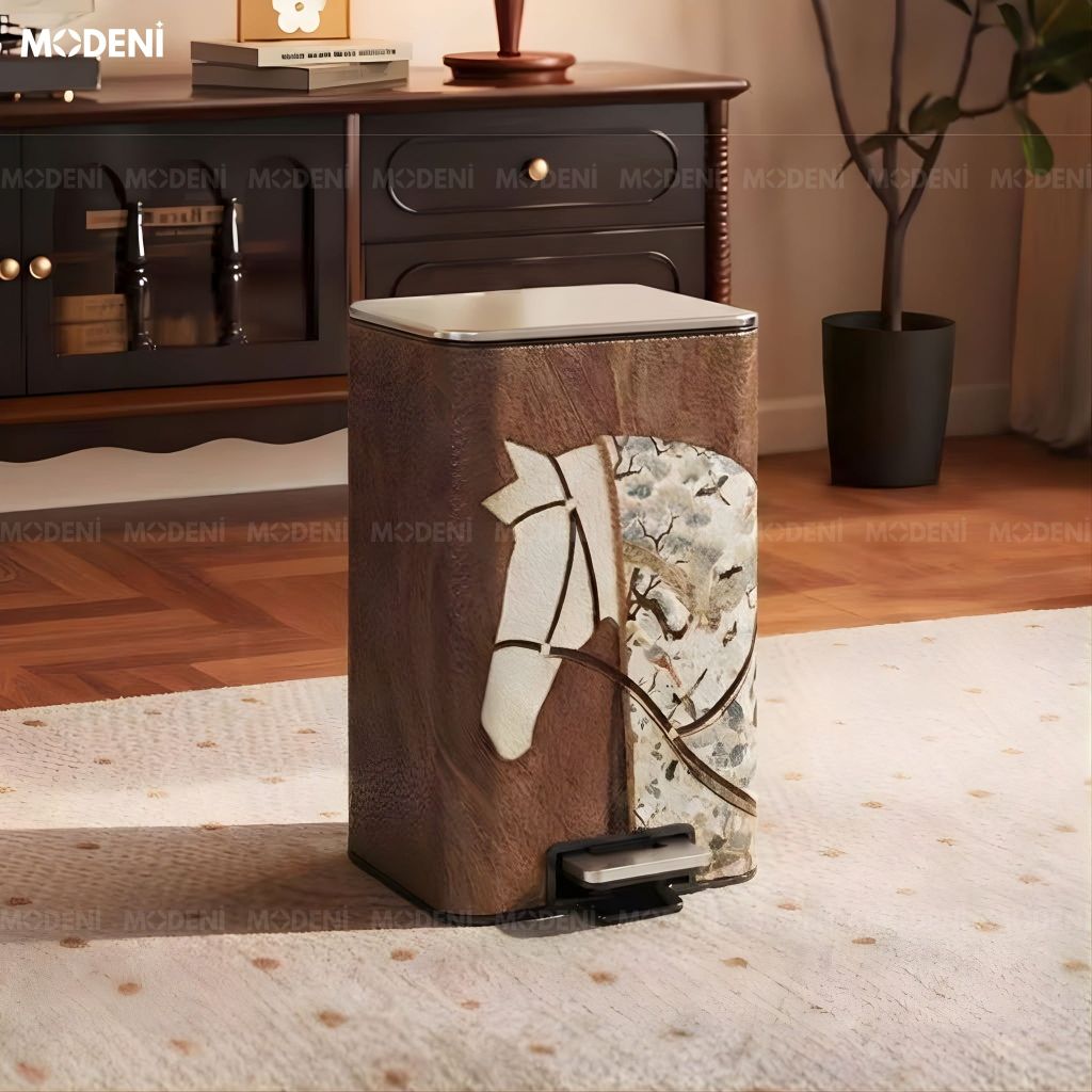 Thùng rác Gallop Brown da cao cấp phối inox phong cách đơn giản cho không gian trung tâm sang trọng tinh tế