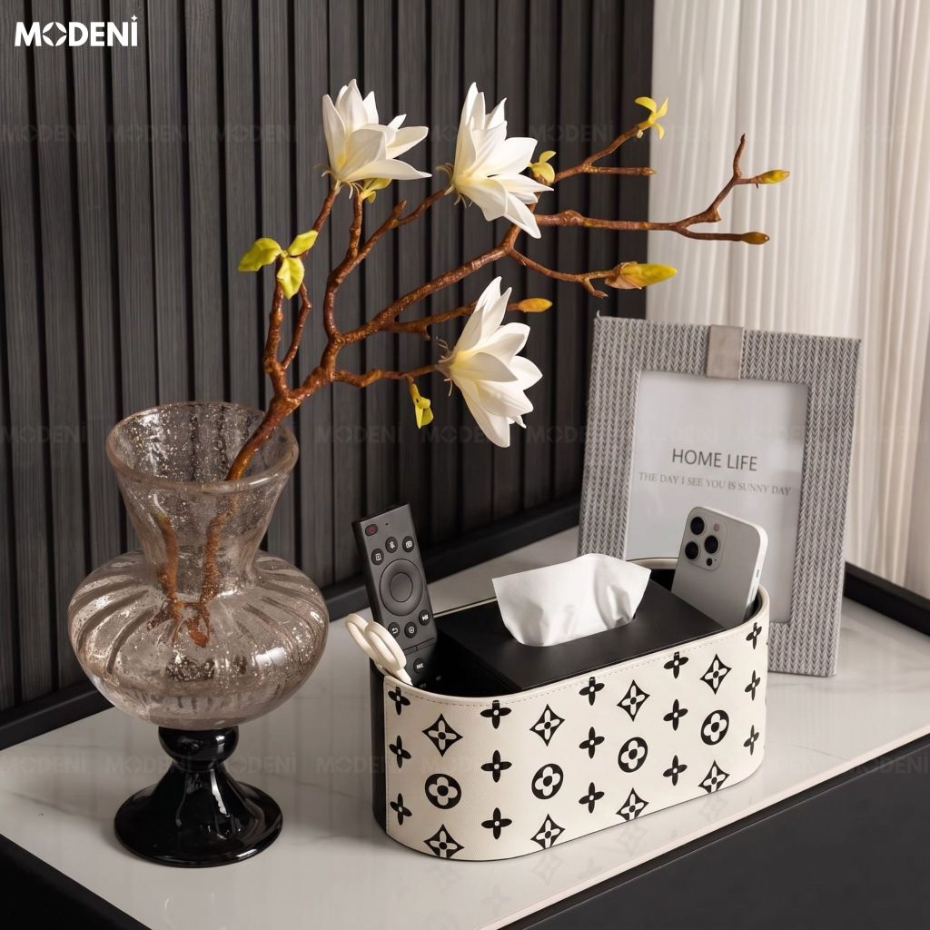 Hộp Khăn Giấy Modena Da Cao Cấp Họa Tiết Đen Trắng Thời Thượng Cho Phòng Khách