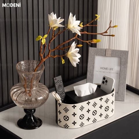  Hộp Khăn Giấy Modena Da Cao Cấp Họa Tiết Đen Trắng Thời Thượng Cho Phòng Khách 