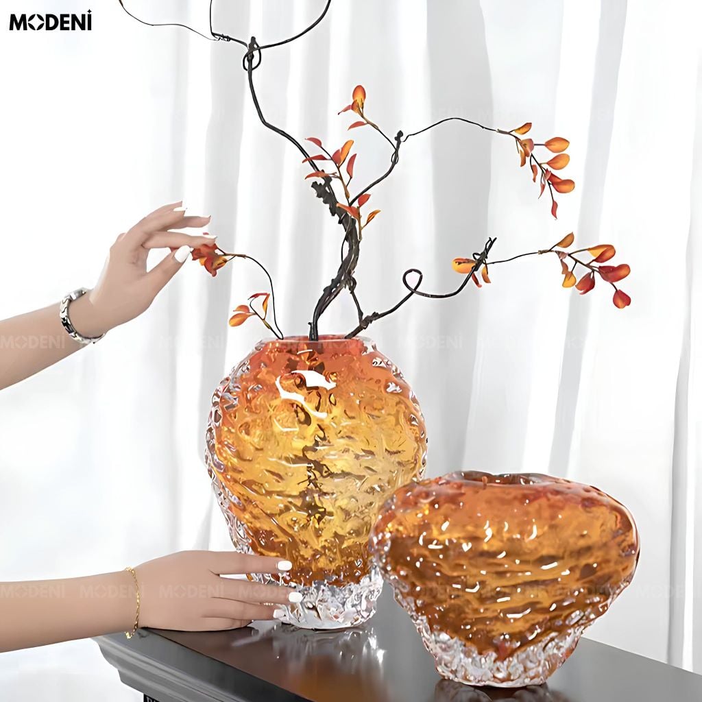 Bình Hoa Etna Thủy Tinh Sần Chân Bọt Đá Cam Hổ Phách Phong Cách Bắc Âu