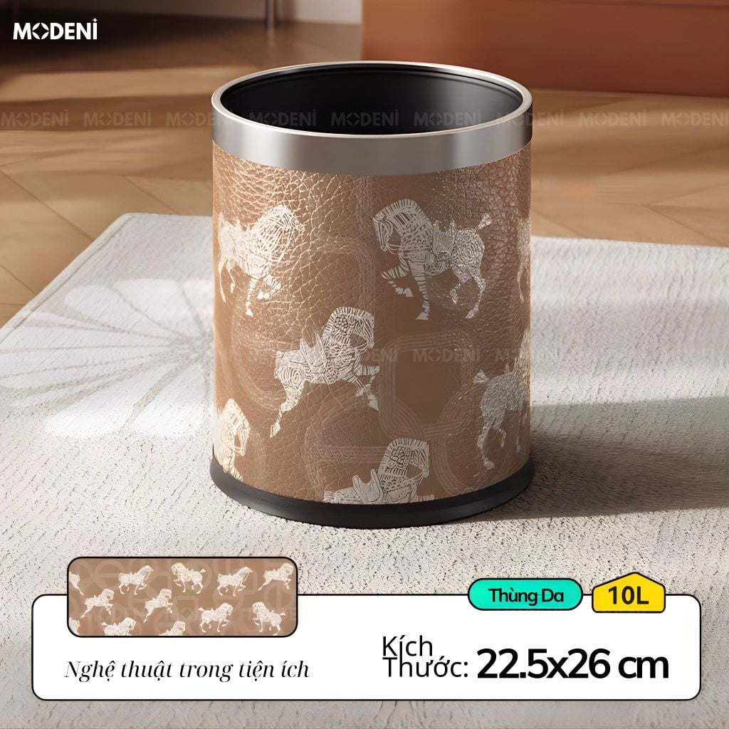 Thùng Rác Derby Da Cao Cấp Viền Kim Loại Ánh Bạc Nghệ Thuật Cho Không Gian Sinh Hoạt Sang Trọng