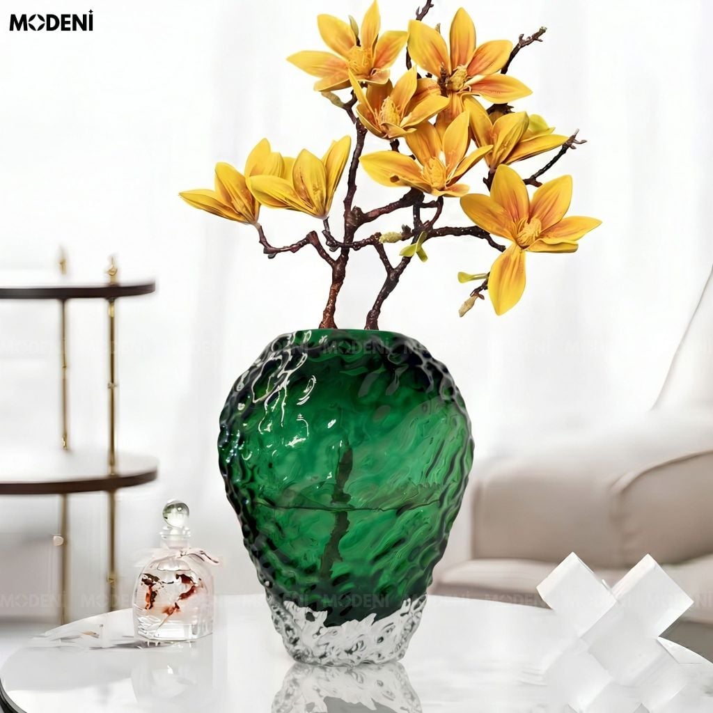 Bình Hoa Vulcan Thủy Tinh Sần Chân Bọt Đá Xanh Lục Bảo Phong Cách Bắc Âu