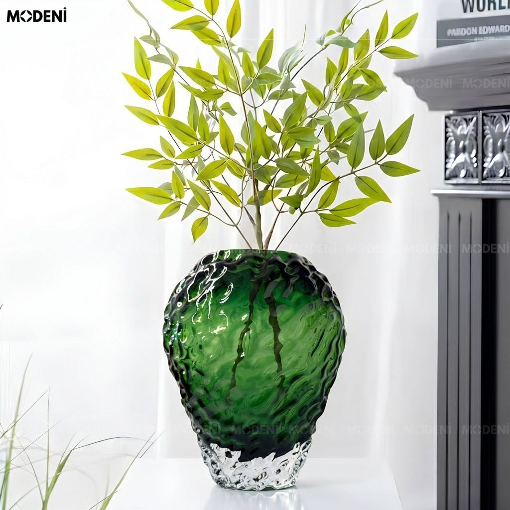 Bình Hoa Vulcan Thủy Tinh Sần Chân Bọt Đá Xanh Lục Bảo Phong Cách Bắc Âu