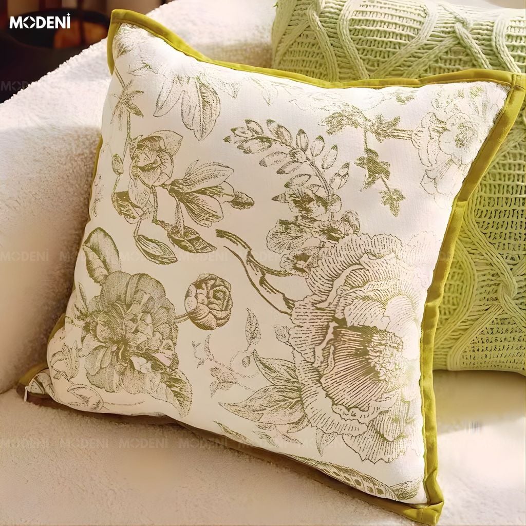 Vỏ Gối Sofa Cao Cấp Muse - Vải Jackquard Phối Nhung Họa Tiết Hoa Cỏ Phác Thảo Cổ ĐIển
