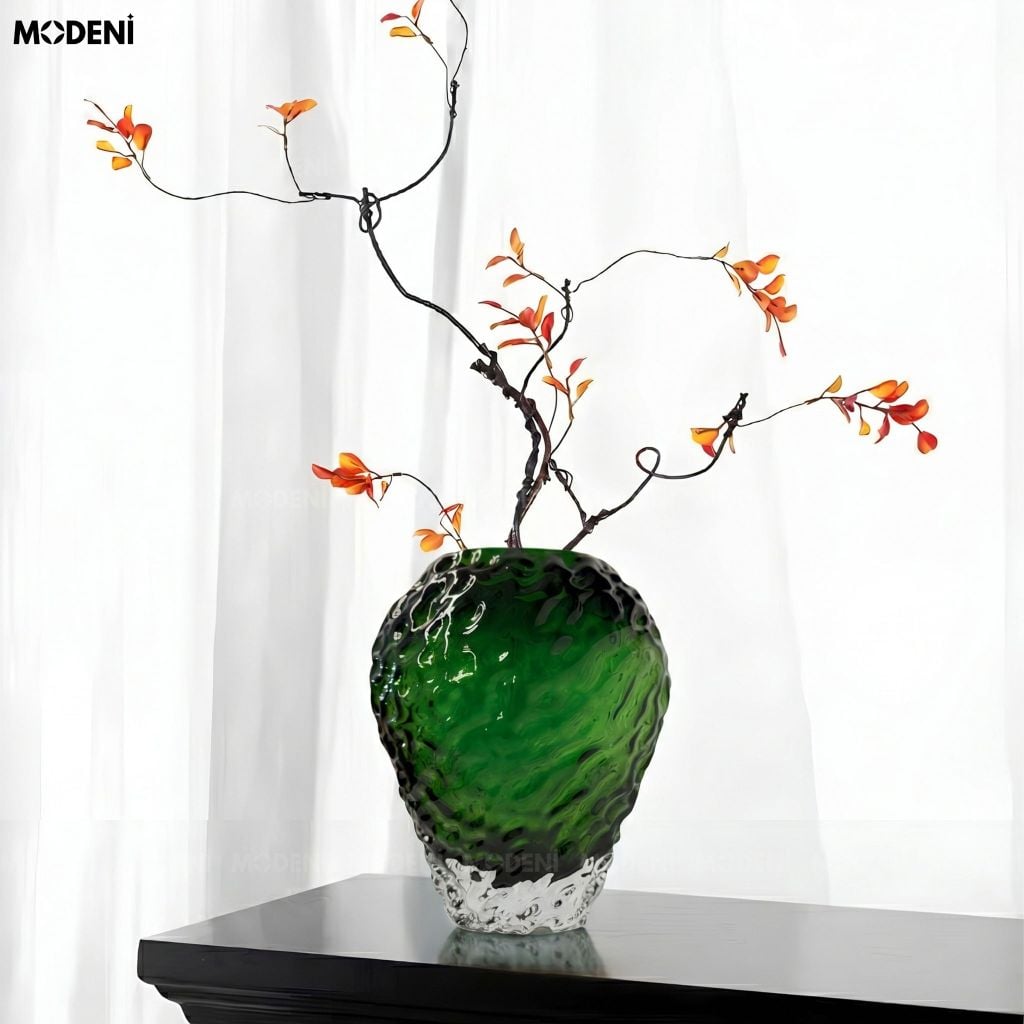 Bình Hoa Vulcan Thủy Tinh Sần Chân Bọt Đá Xanh Lục Bảo Phong Cách Bắc Âu