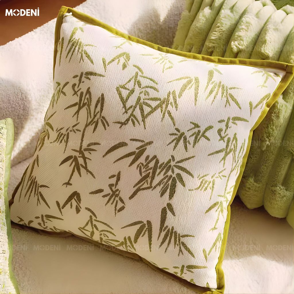 Vỏ Gối Sofa Cao Cấp Bamboo - Vải Jackquard Phối Nhung Họa Tiết Lá Trúc Được May Cách ĐIệu