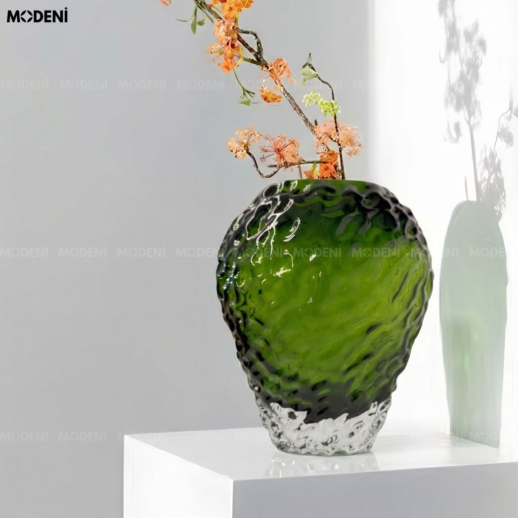 Bình Hoa Vulcan Thủy Tinh Sần Chân Bọt Đá Xanh Lục Bảo Phong Cách Bắc Âu