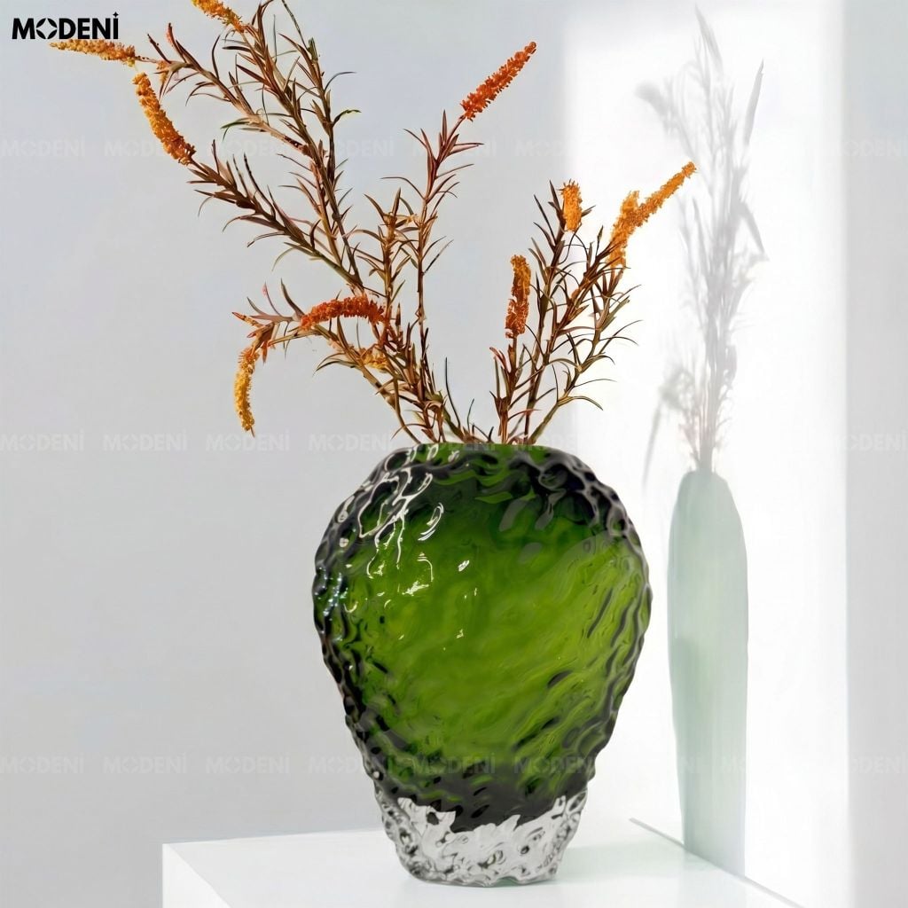 Bình Hoa Vulcan Thủy Tinh Sần Chân Bọt Đá Xanh Lục Bảo Phong Cách Bắc Âu