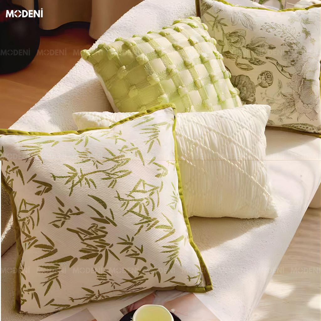 Vỏ Gối Sofa Cao Cấp Muse - Vải Jackquard Phối Nhung Họa Tiết Hoa Cỏ Phác Thảo Cổ ĐIển