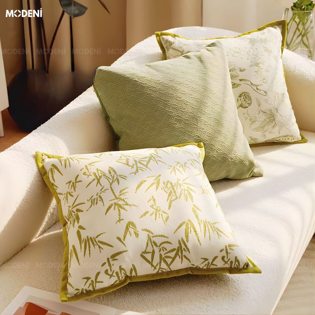 Vỏ Gối Sofa Cao Cấp Bamboo - Vải Jackquard Phối Nhung Họa Tiết Lá Trúc Được May Cách ĐIệu