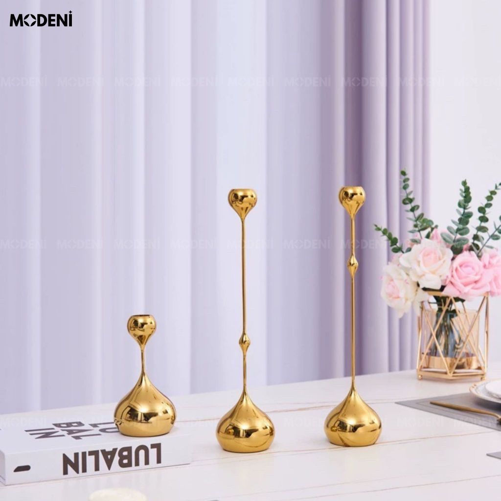 Set 3 Chân Nến Kim Loại Yusla Gold – Chân Nến Trang Trí Cao Cấp – Tôn Vẻ Đẹp Không Gian Hiện Đại – Decor Phòng Khách & Bàn Sofa