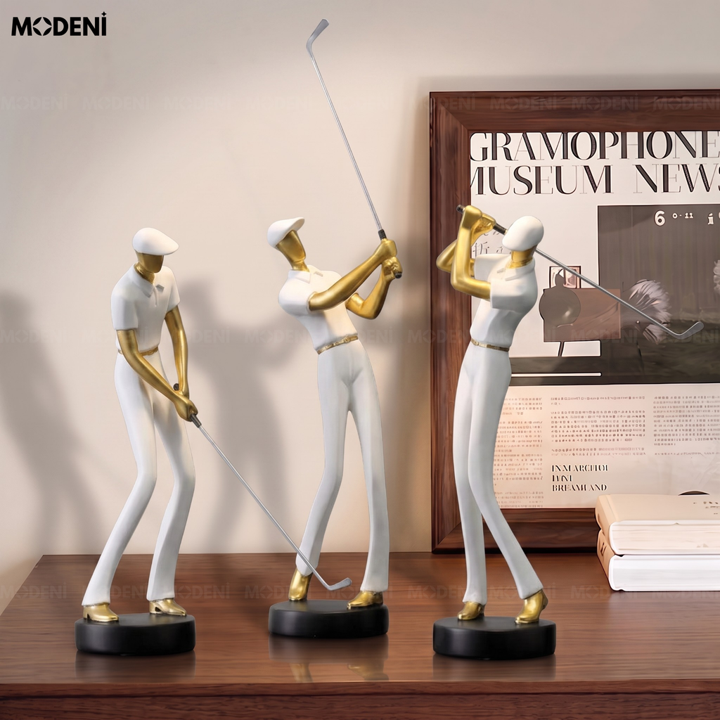 Tượng Golf Boss Trắng Nghệ Thuật Hiện Đại – Cú Vung Lịch Lãm Phối Pha Lê – Decor Bàn Làm Việc, Kệ Sách, Văn Phòng Thiết Kế