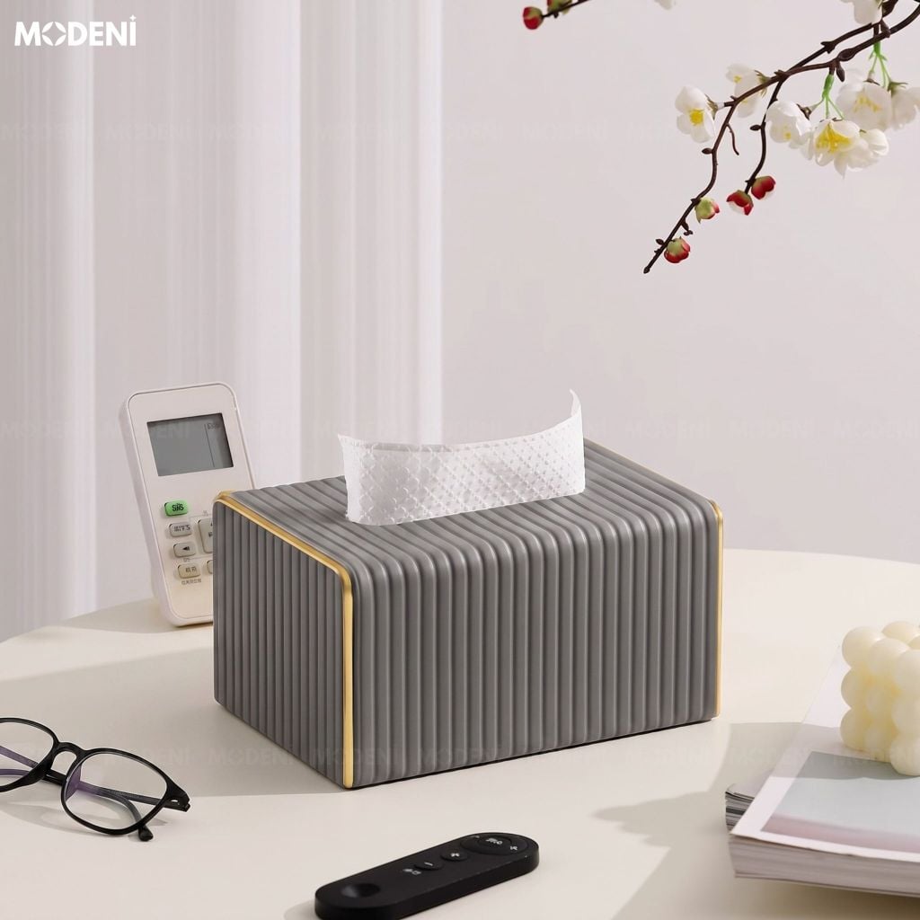 Hộp Khăn Sofie Nordic Grey – Da PU Vân Sọc, Nắp Trượt Viền Mạ Vàng Ánh Kim