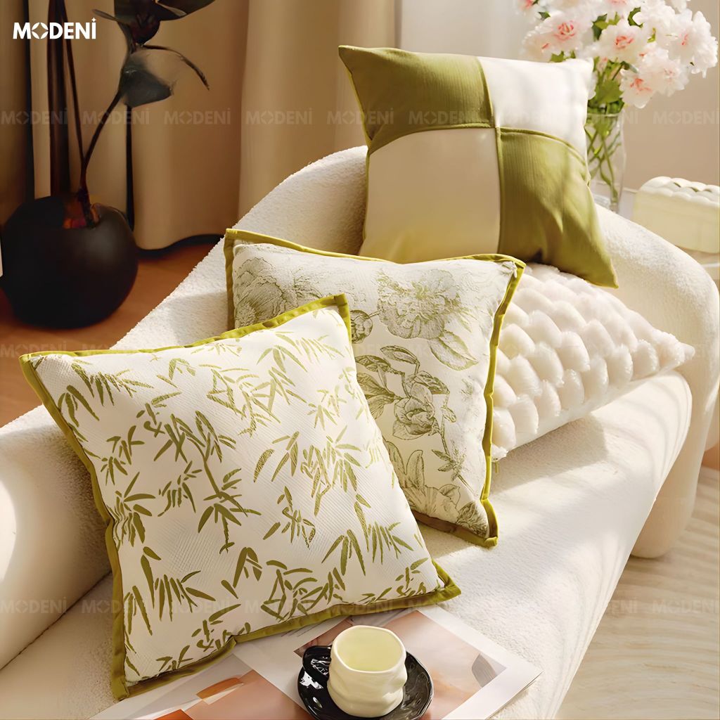 Vỏ Gối Sofa Cao Cấp Muse - Vải Jackquard Phối Nhung Họa Tiết Hoa Cỏ Phác Thảo Cổ ĐIển