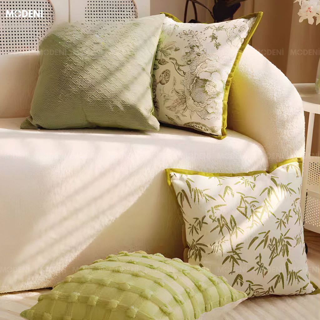 Vỏ Gối Sofa Cao Cấp Muse - Vải Jackquard Phối Nhung Họa Tiết Hoa Cỏ Phác Thảo Cổ ĐIển