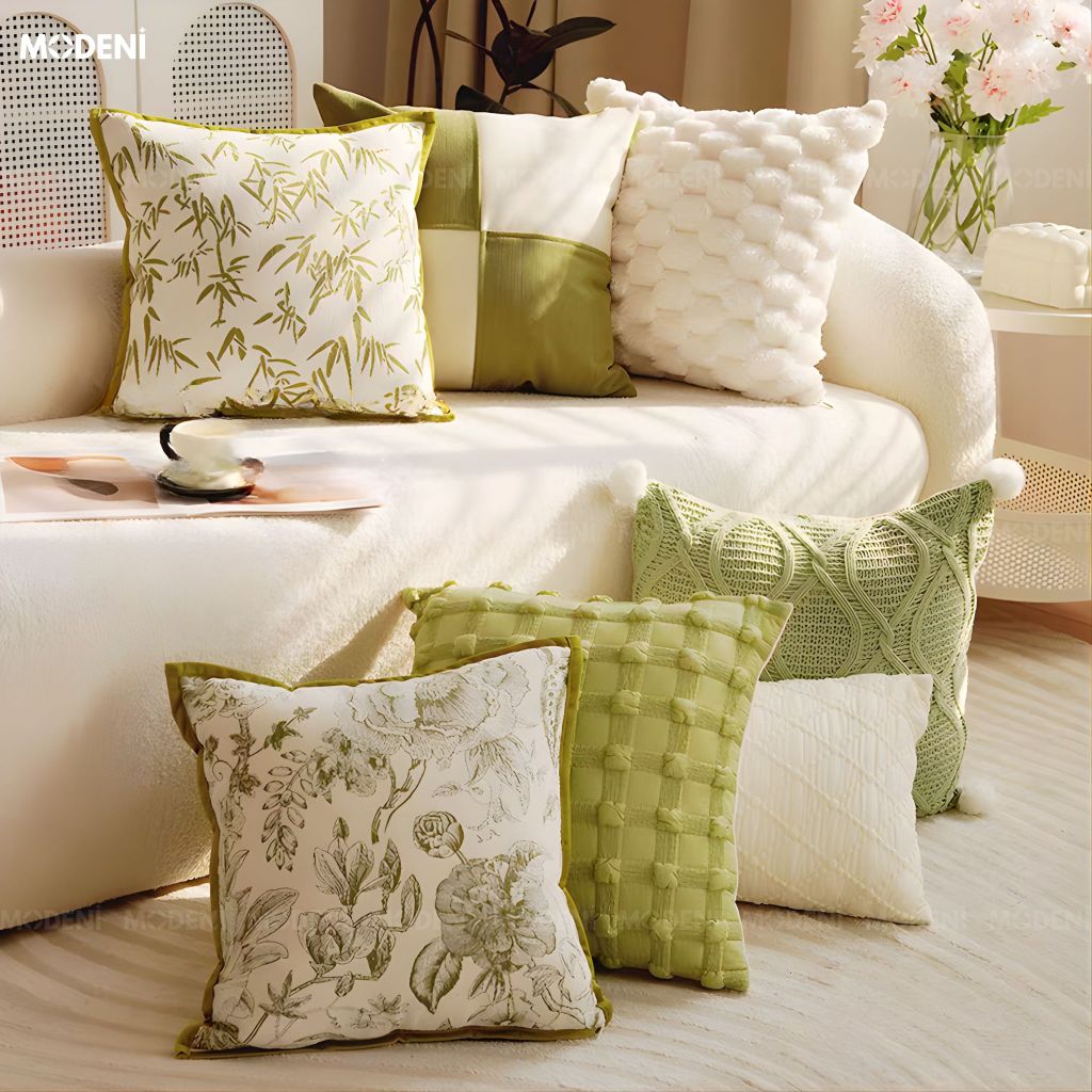 Vỏ Gối Sofa Cao Cấp Muse - Vải Jackquard Phối Nhung Họa Tiết Hoa Cỏ Phác Thảo Cổ ĐIển