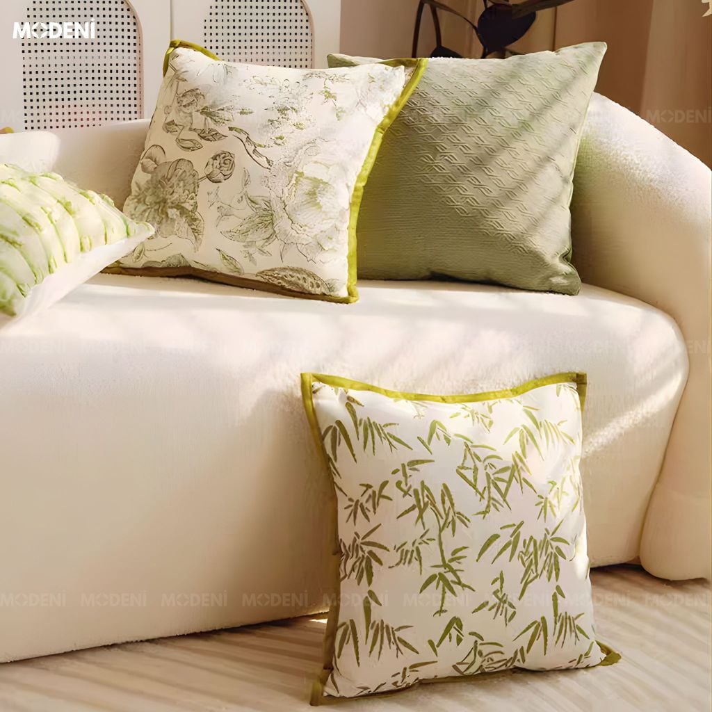 Vỏ Gối Sofa Cao Cấp Bamboo - Vải Jackquard Phối Nhung Họa Tiết Lá Trúc Được May Cách ĐIệu