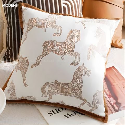  Vỏ Gối Sofa Cao Cấp Prime - Vải Jackquard Phối Nhung Họa Tiết Ngựa Thổ Cẩm Trừu Tượng 
