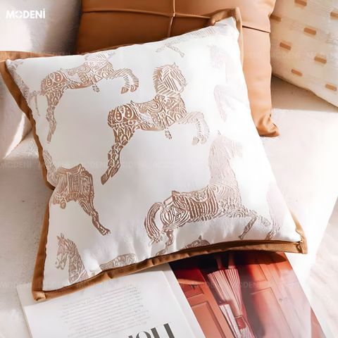  Vỏ Gối Sofa Cao Cấp Prime - Vải Jackquard Phối Nhung Họa Tiết Ngựa Thổ Cẩm Trừu Tượng 