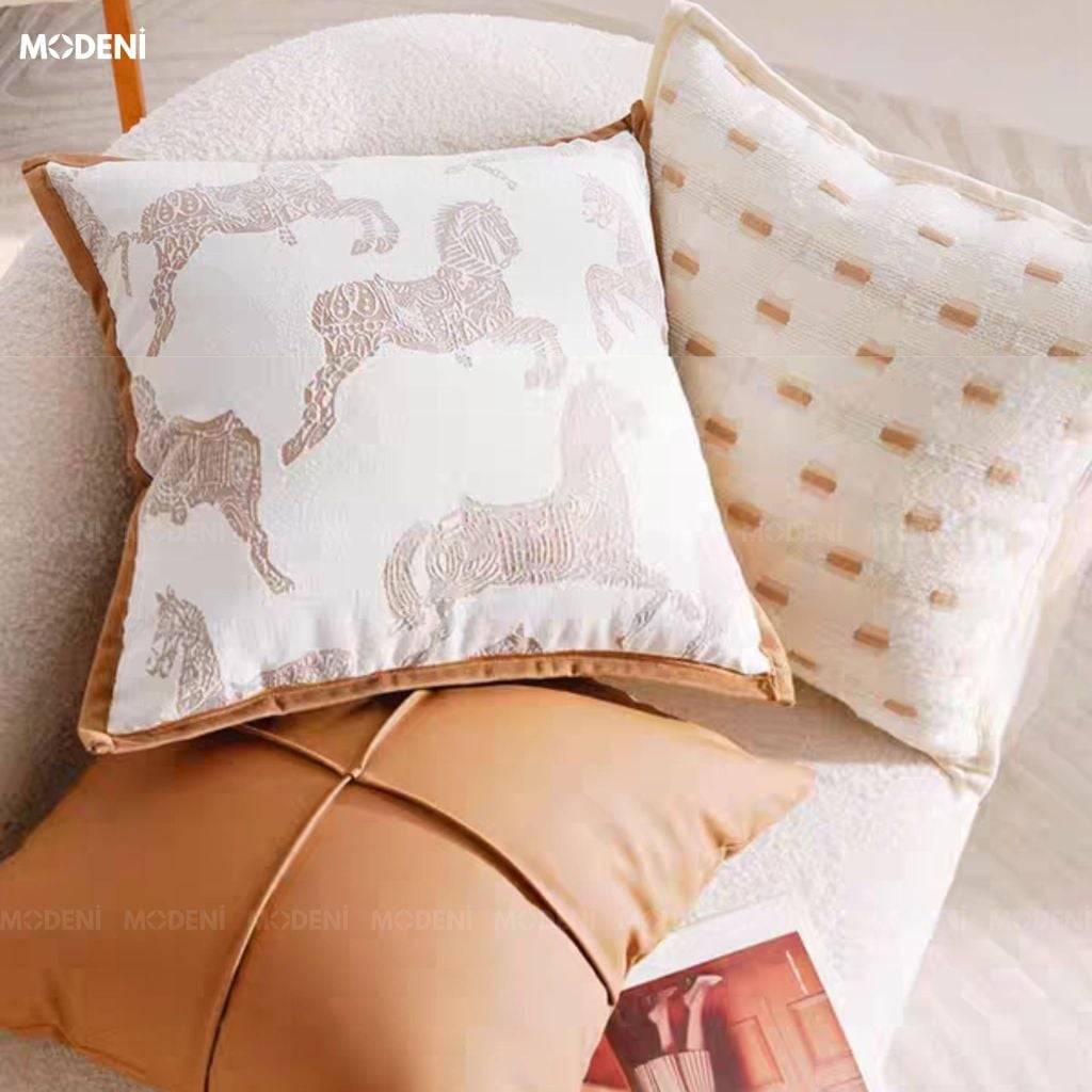 Vỏ Gối Sofa Cao Cấp Prime - Vải Jackquard Phối Nhung Họa Tiết Ngựa Thổ Cẩm Trừu Tượng