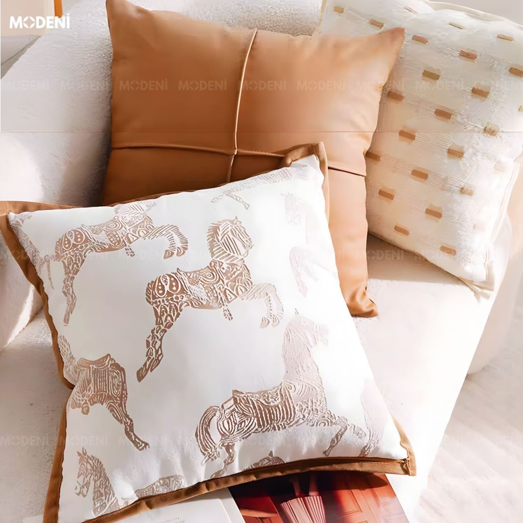 Vỏ Gối Sofa Cao Cấp Prime - Vải Jackquard Phối Nhung Họa Tiết Ngựa Thổ Cẩm Trừu Tượng