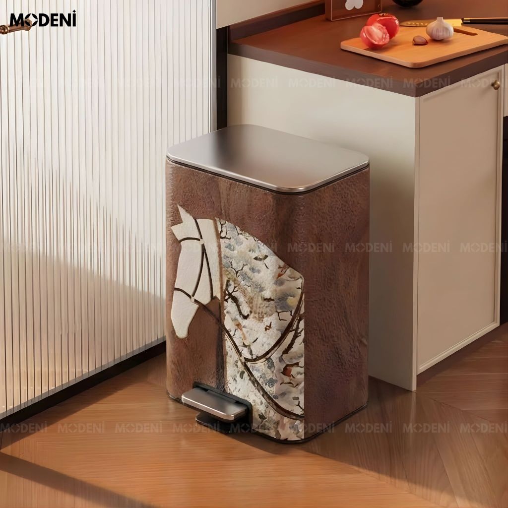 Thùng rác Gallop Brown da cao cấp phối inox phong cách đơn giản cho không gian trung tâm sang trọng tinh tế