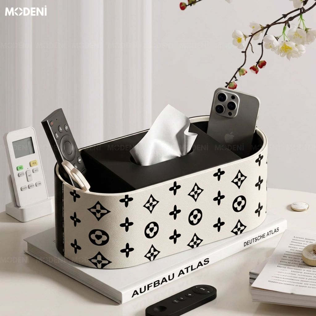 Hộp Khăn Giấy Modena Da Cao Cấp Họa Tiết Đen Trắng Thời Thượng Cho Phòng Khách