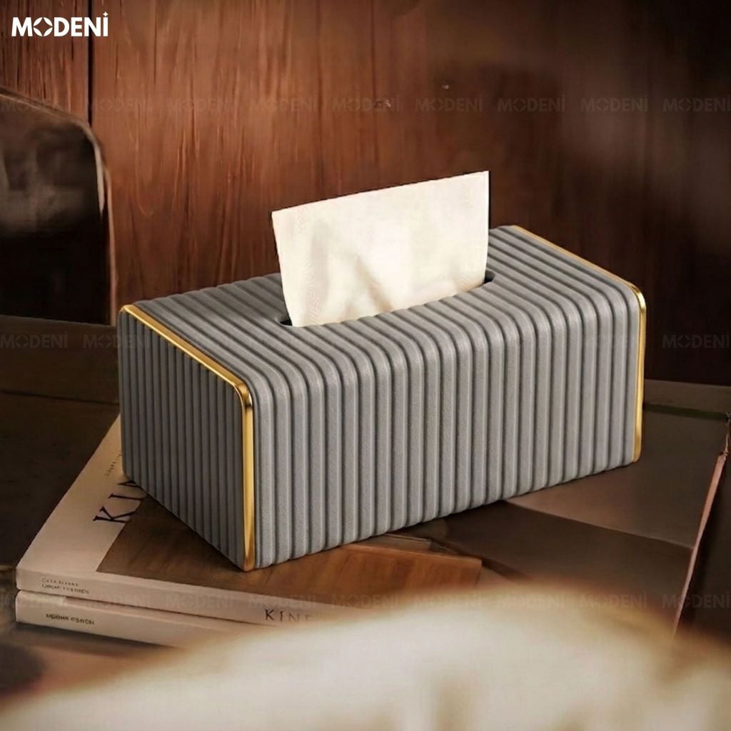 Hộp Khăn Sofie Nordic Grey – Da PU Vân Sọc, Nắp Trượt Viền Mạ Vàng Ánh Kim