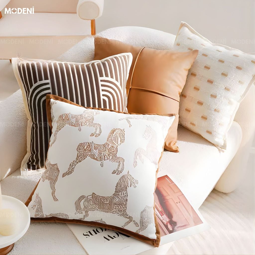 Vỏ Gối Sofa Cao Cấp Prime - Vải Jackquard Phối Nhung Họa Tiết Ngựa Thổ Cẩm Trừu Tượng